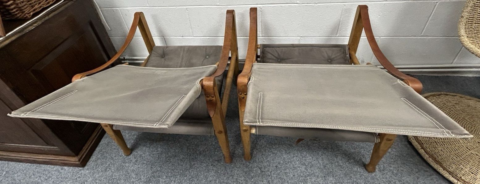 Pair Original Safari Chairs Kaare Klint Grey Canvas Ash Frame Danish Mid Century photo vintage
