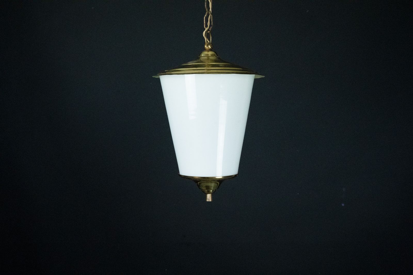 Mid Century Pendant Lantern In Brass And Lattimo Murano Glass, Italy, 1950s. photo vintage