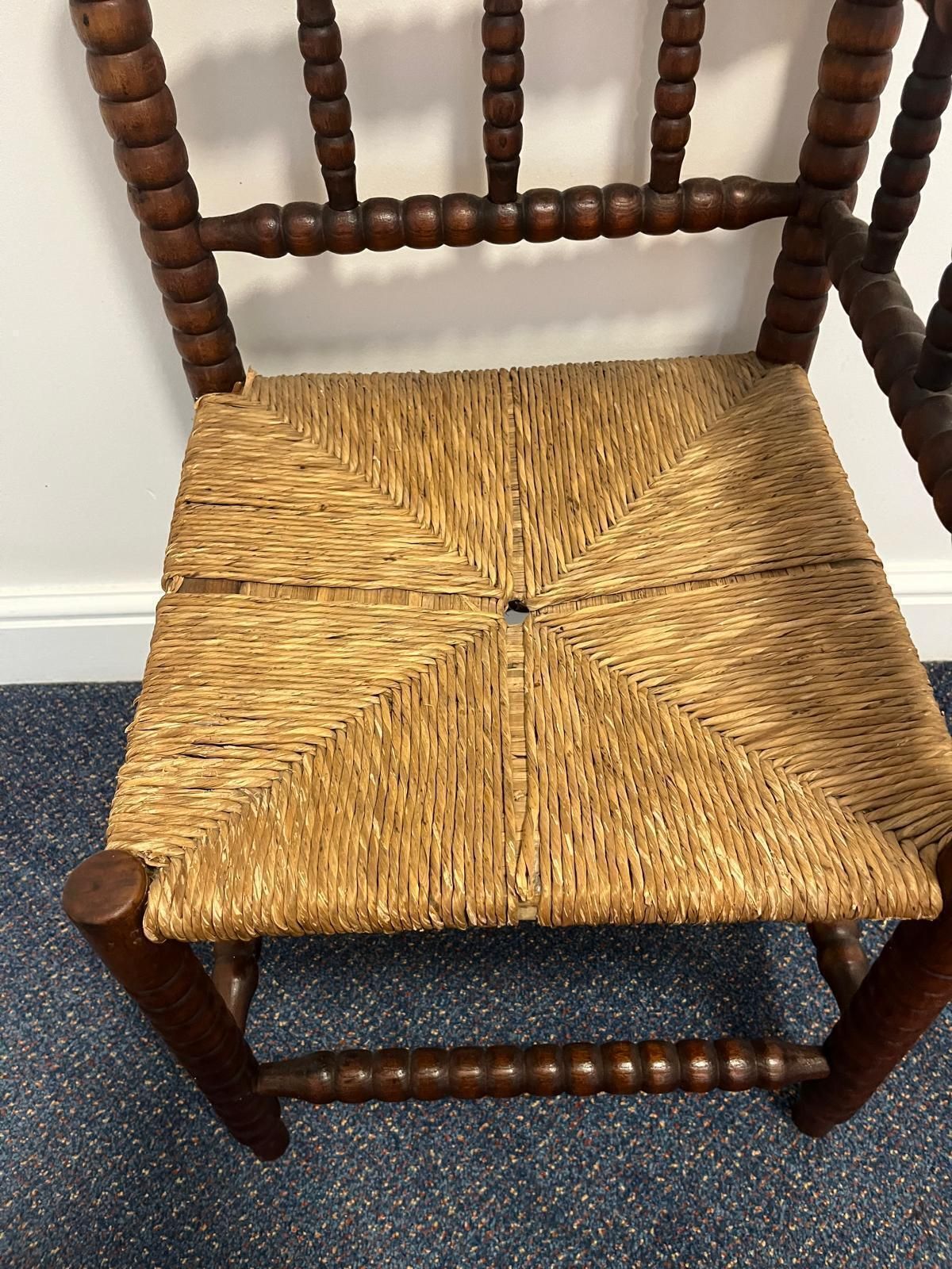 Antique French Bobbin Corner Wooden Chair, Woven Rush Seats photo furniture