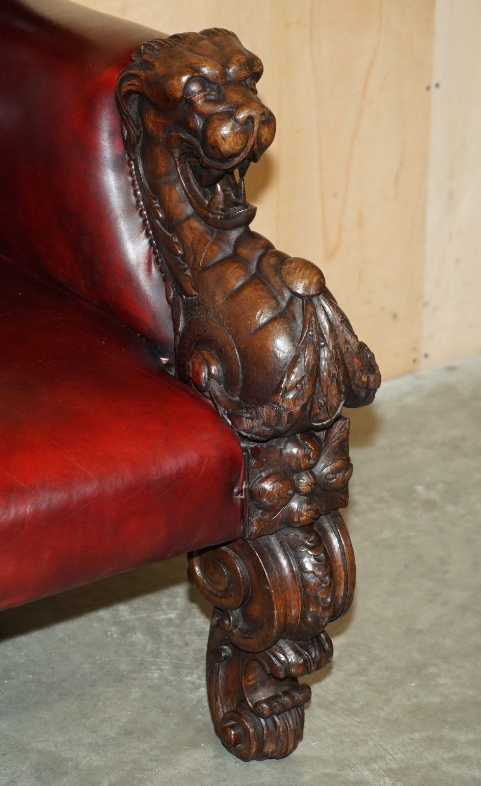 Rare Lion' Head Hand Carved Antique Victorian Chesterfield Oxblood Leather Sofa photo for sale