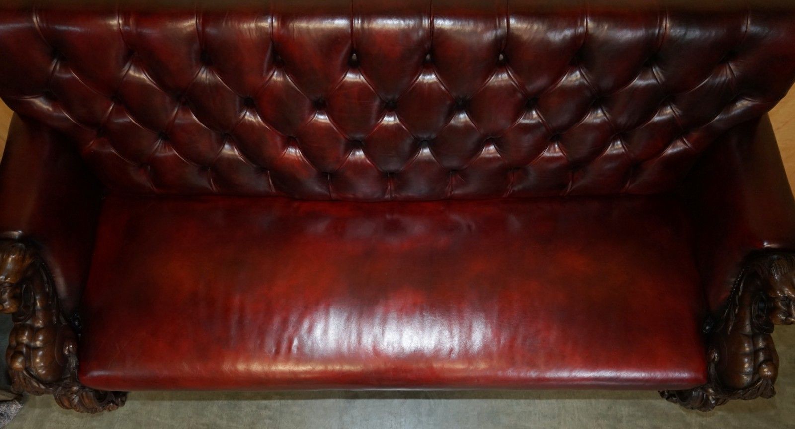 photo buy Rare Lion' Head Hand Carved Antique Victorian Chesterfield Oxblood Leather Sofa