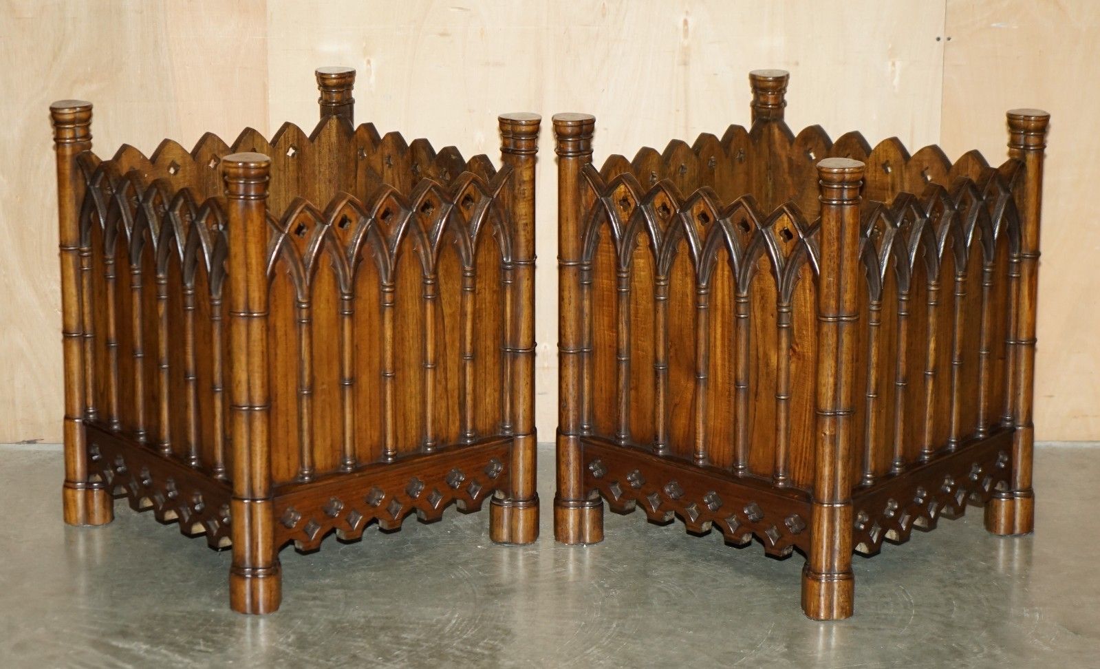 Stunning Pair Of Gothic Revival Extra Large Hand Carved Wooden Planters 72x60cm photo furniture