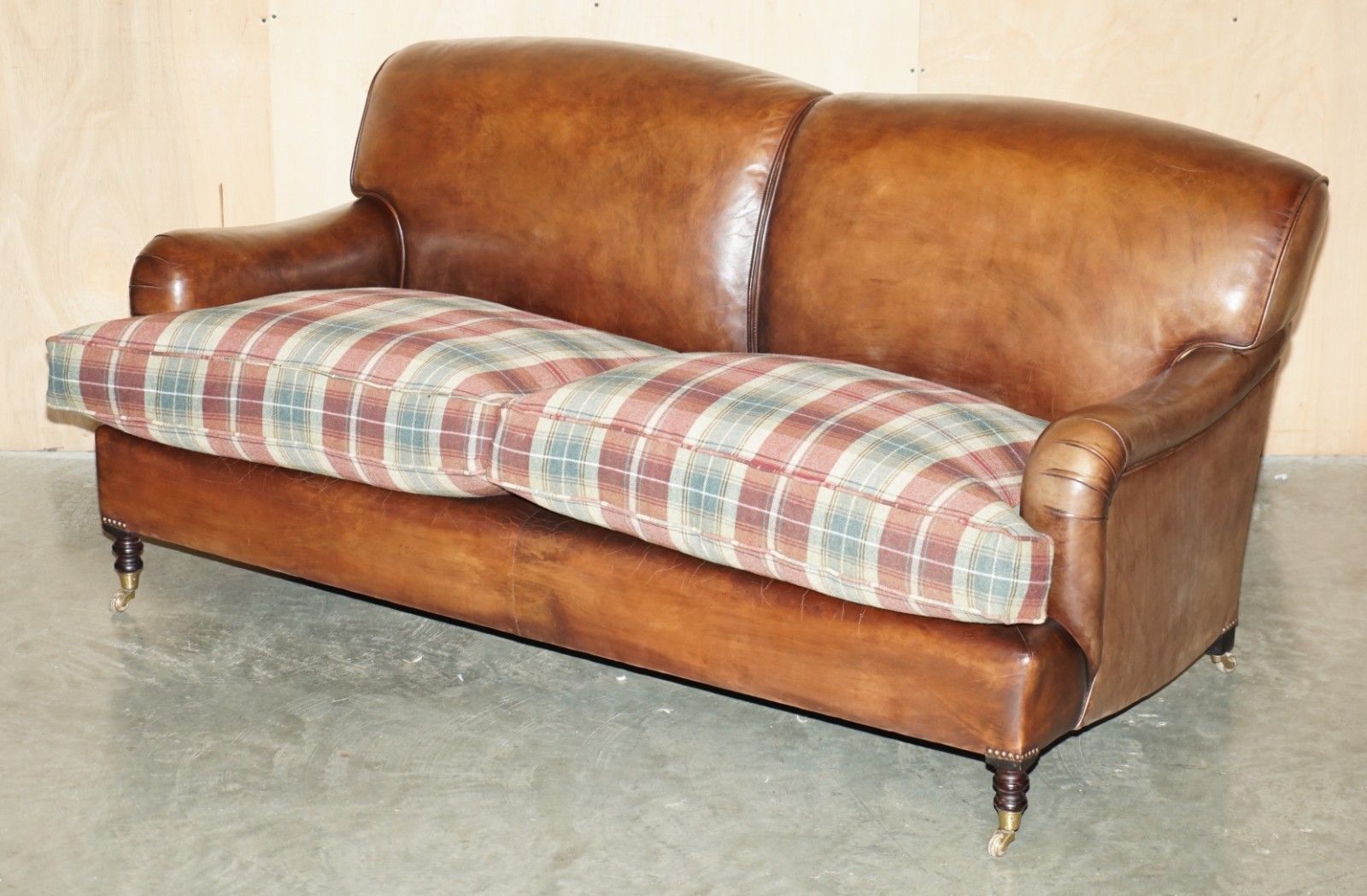 Fine George Smith Howard Brown Leather Signature Scroll Arm Sofa Tartan Cushions photo furniture