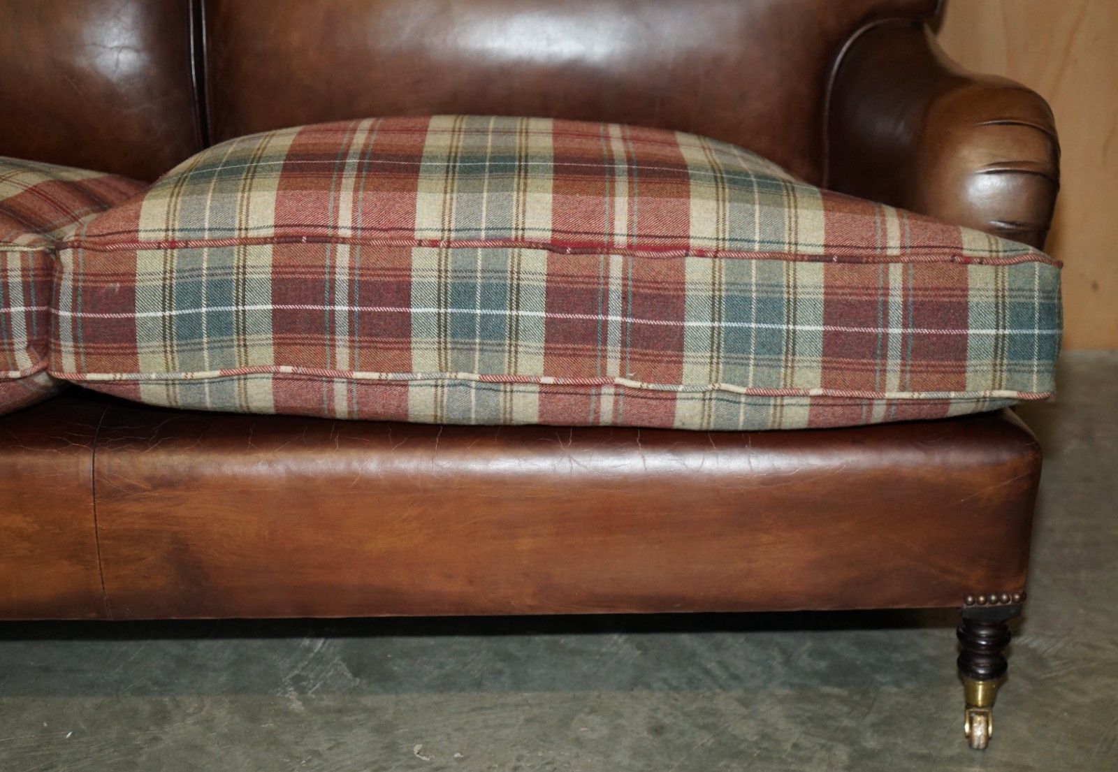 Furniture Fine George Smith Howard Brown Leather Signature Scroll Arm Sofa Tartan Cushions photo