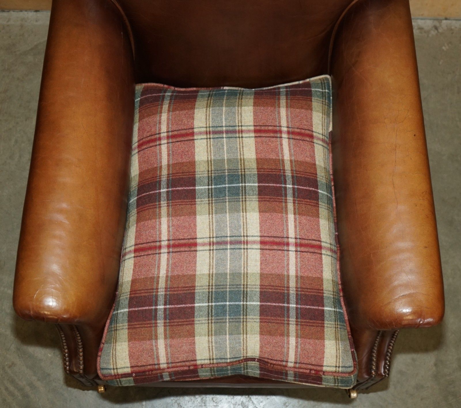 Pair Of George Smith Brown Leather Signature Scroll Tartan Cushions Armchairs photo buy