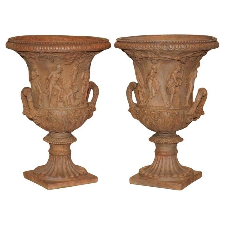 Antique Pair Of 1880 Medicis Frescoes Of Greek Mythology Terracotta Plant Vases