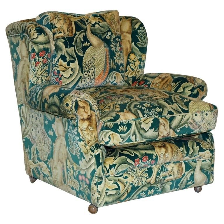 Vintage William Morris Forest Velvet 1960's Club Armchair With Feather Cushions
