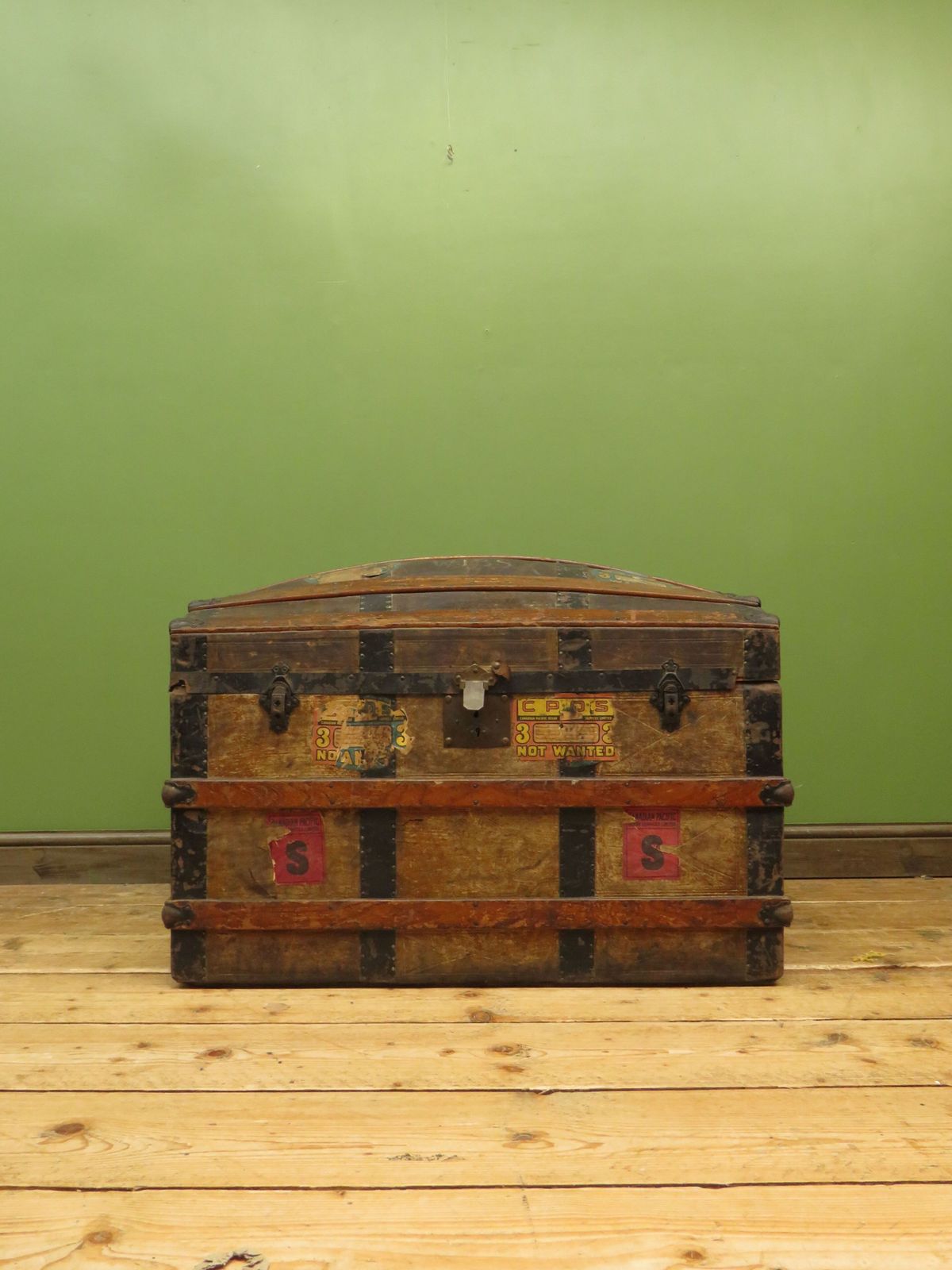 Large Antique Dome Top Travelling Trunk With Old Canadian Luggage Labels photo vinterior