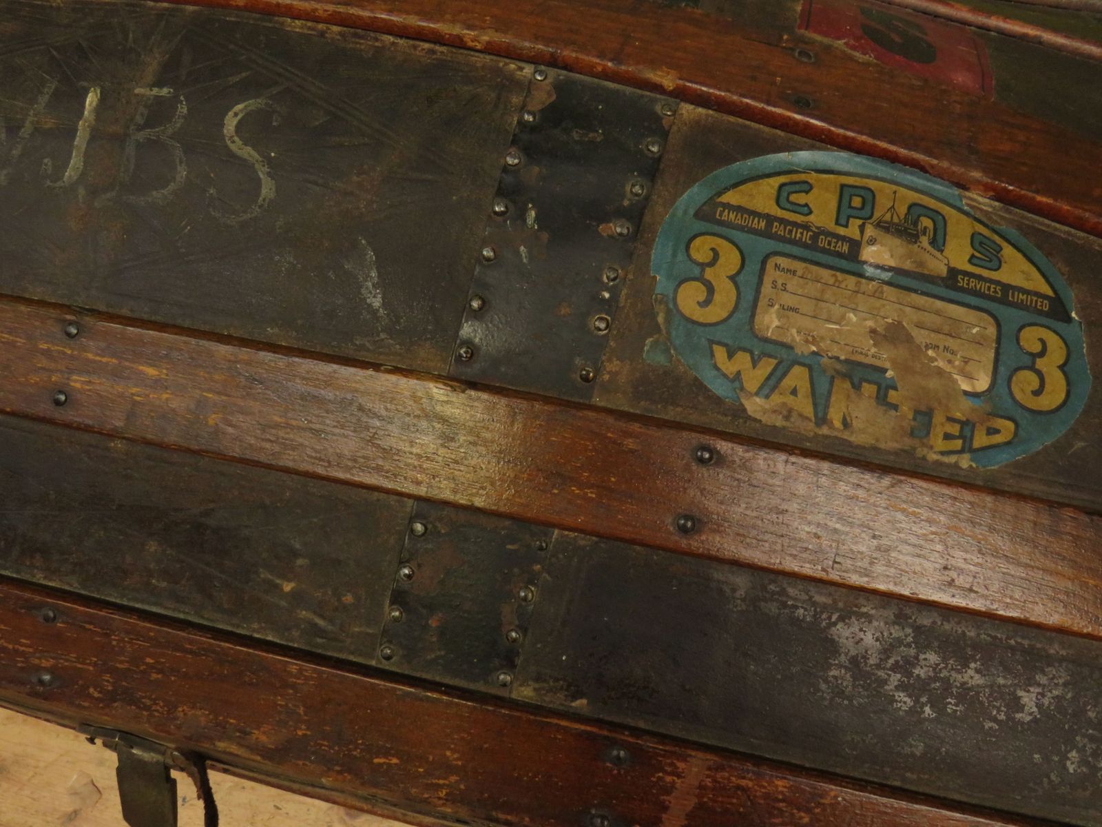 295.0 Large Antique Dome Top Travelling Trunk With Old Canadian Luggage Labels photo
