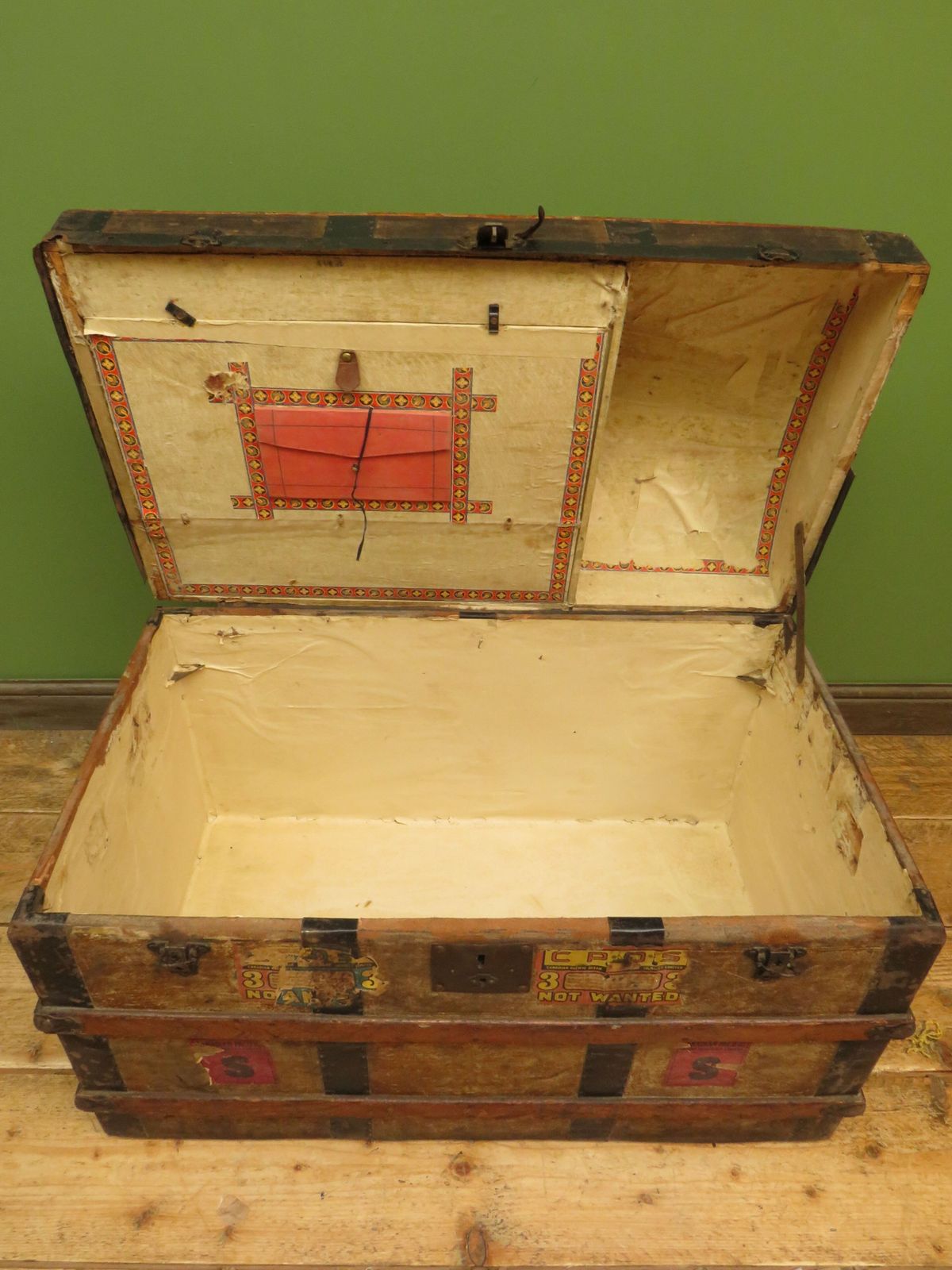 photo buy Large Antique Dome Top Travelling Trunk With Old Canadian Luggage Labels