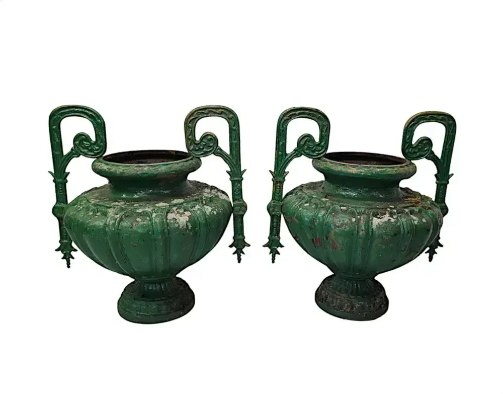 A Very Rare Pair Of 19th Century Heavy Cast Iron Garden Urns