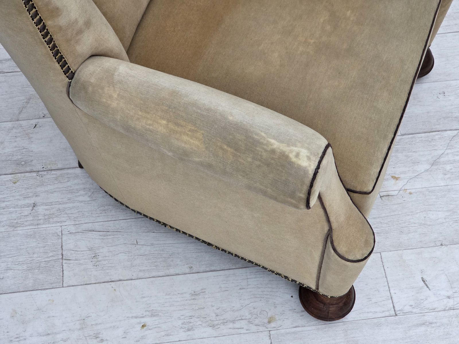 1950s, Danish Relax Chair, Furniture Velour With Patina, Oak Wood Legs. photo 1190.0