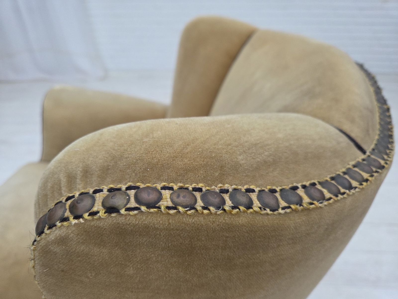1950s, Danish Relax Chair, Furniture Velour With Patina, Oak Wood Legs. photo vintage