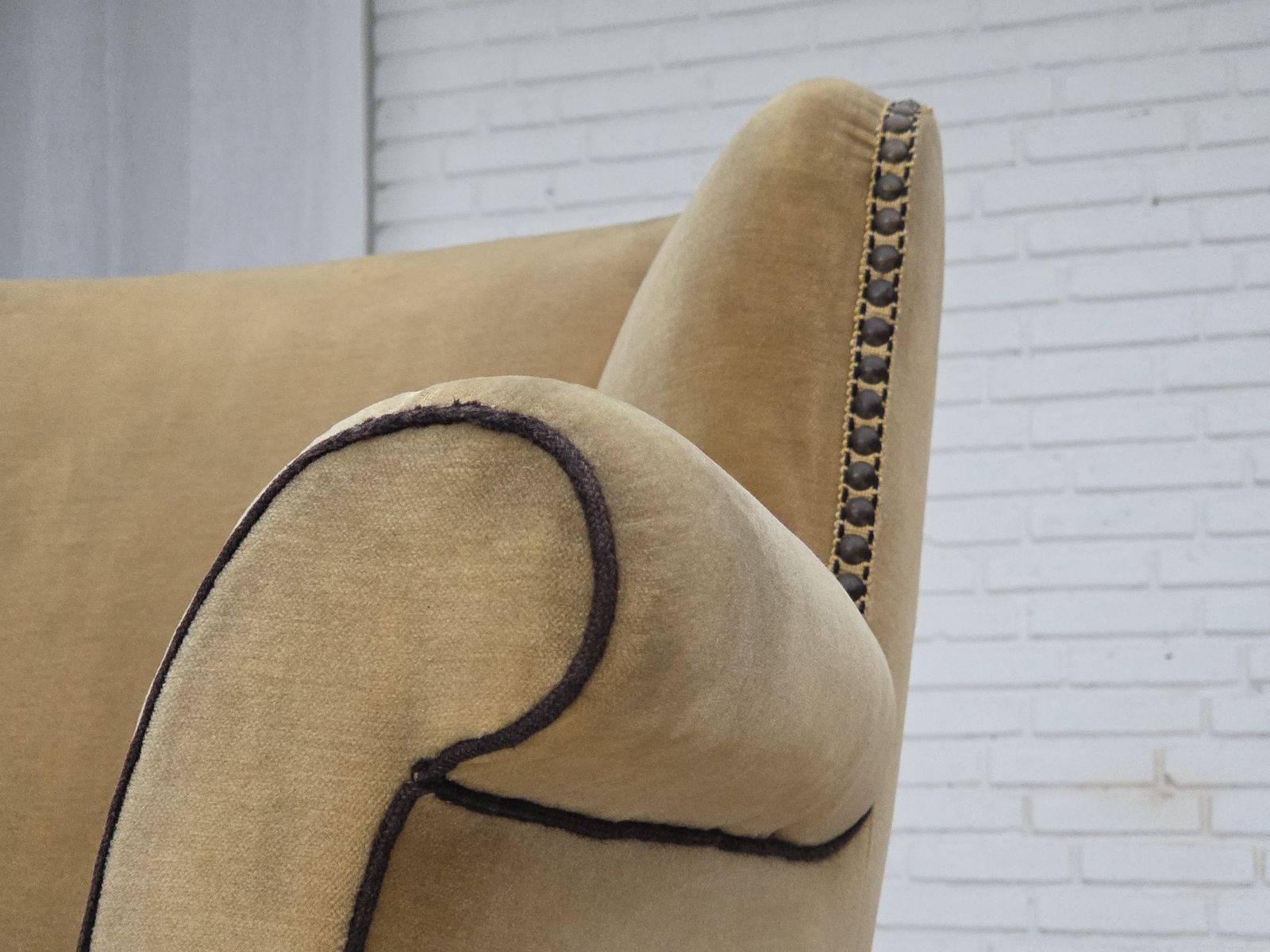 photo for sale 1950s, Danish Relax Chair, Furniture Velour With Patina, Oak Wood Legs.