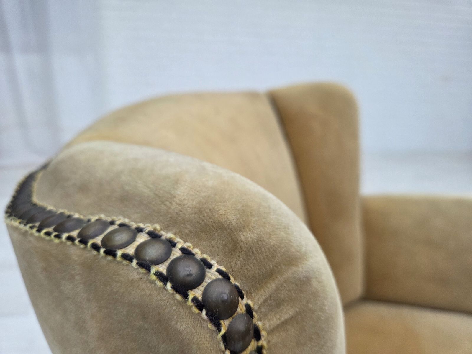 Furniture 1950s, Danish Relax Chair, Furniture Velour With Patina, Oak Wood Legs. photo