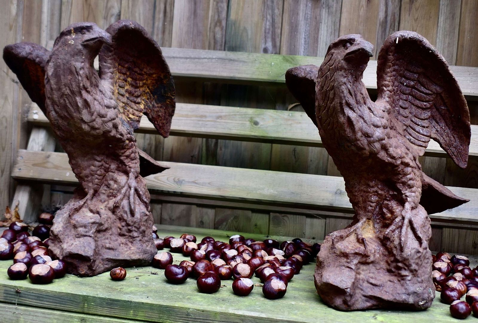 2 Old Weathered Cast Iron Eagle Statues. photo furniture
