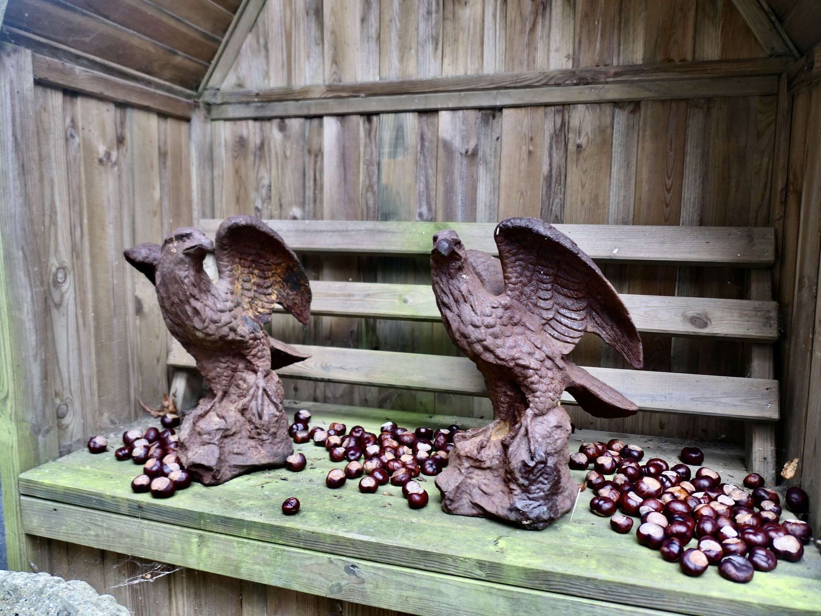 2 Old Weathered Cast Iron Eagle Statues. photo for sale