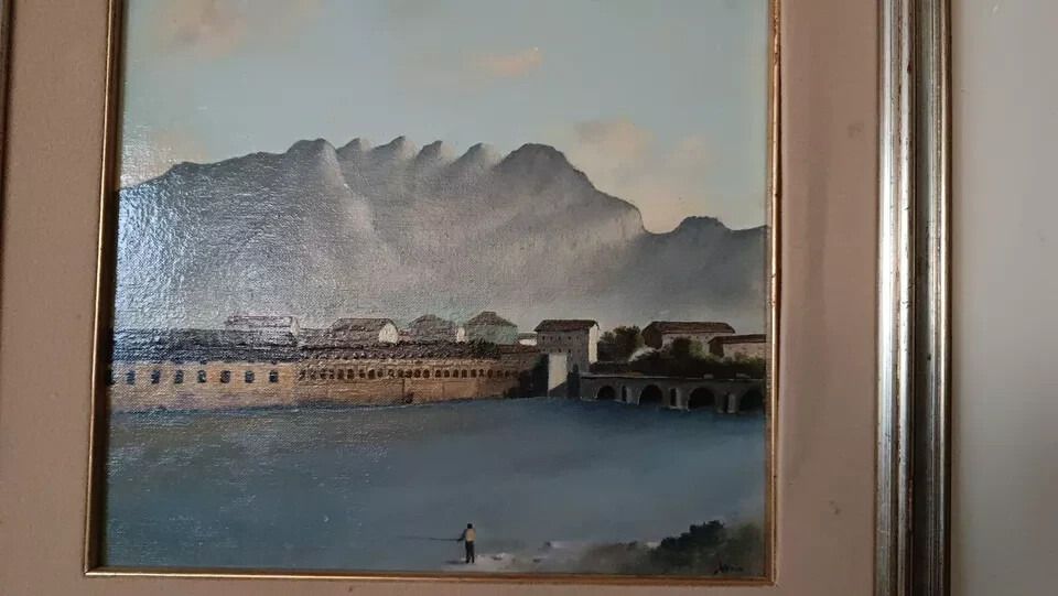 Oil Painting On Canvas Board 1970s Signed Nava Lake River Mountains photo for sale