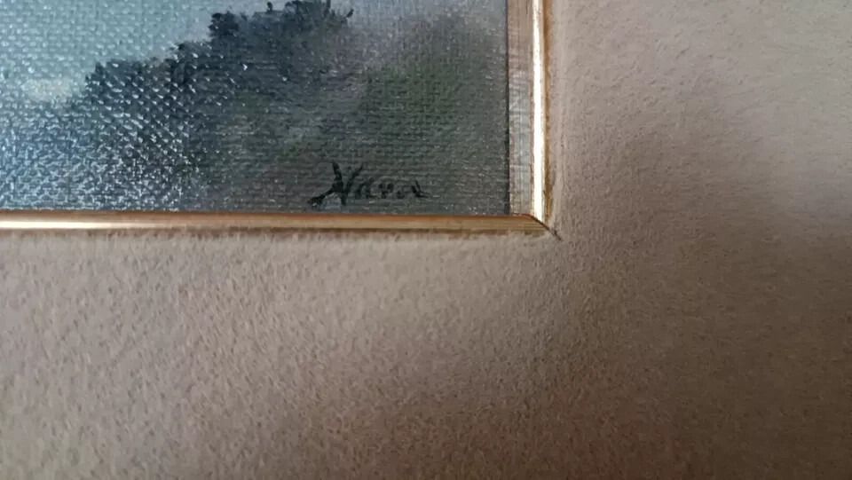 Oil Painting On Canvas Board 1970s Signed Nava Lake River Mountains photo 104.0