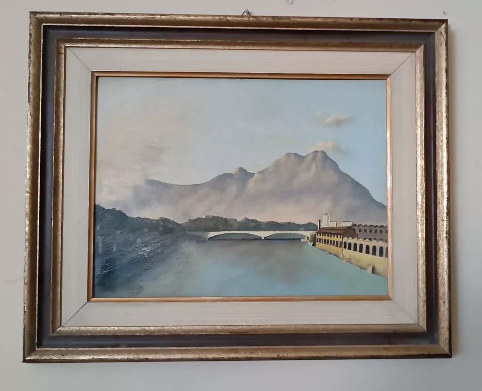 Oil Painting On Canvas From The 70s Signed Nava Lake River Mountains photo furniture