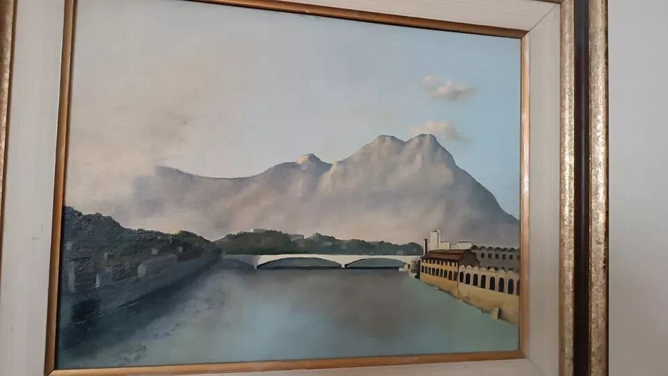 Oil Painting On Canvas From The 70s Signed Nava Lake River Mountains photo for sale