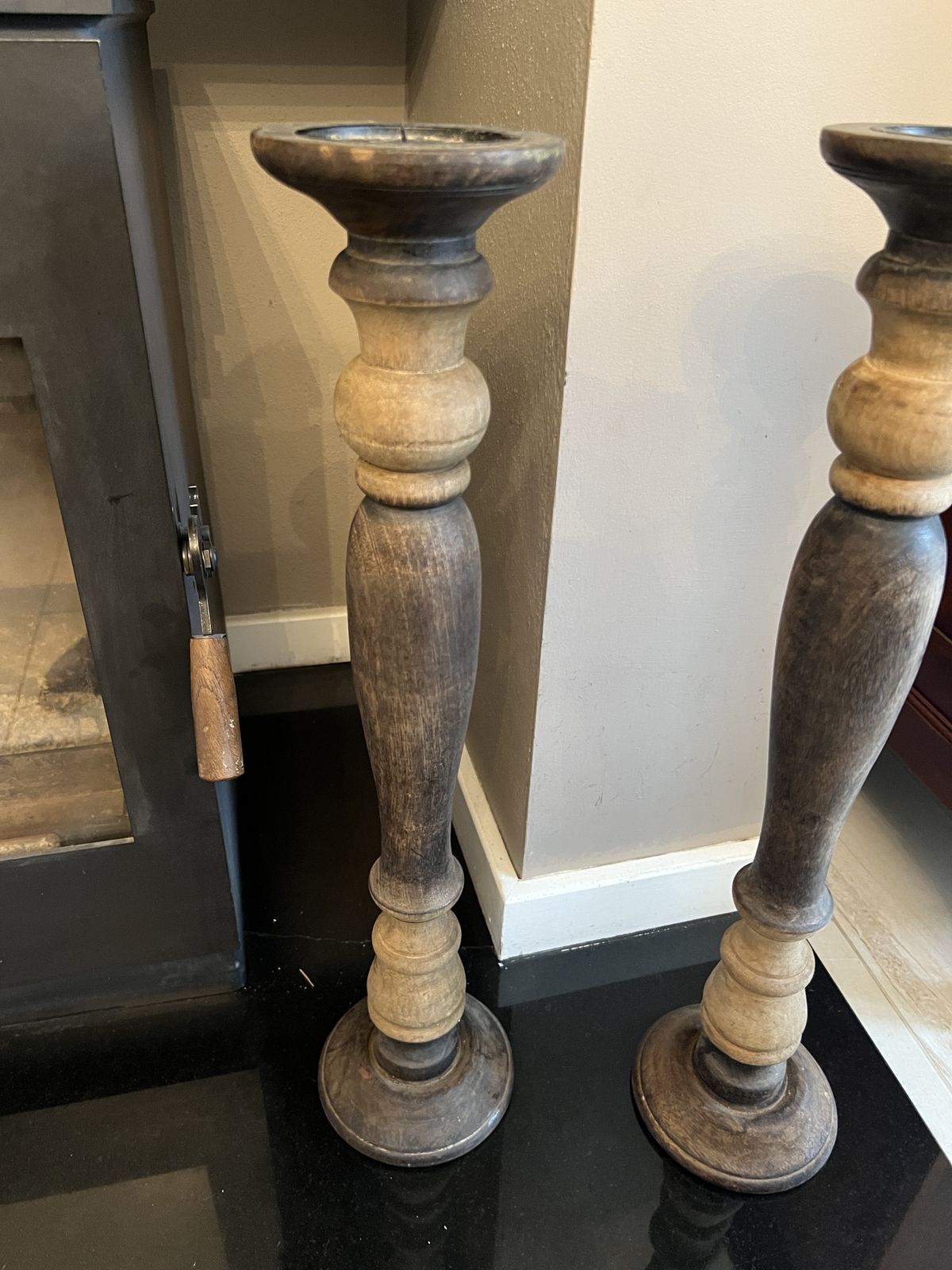 Pair Of Vintage European Wooden Pillar Candle Holders photo for sale