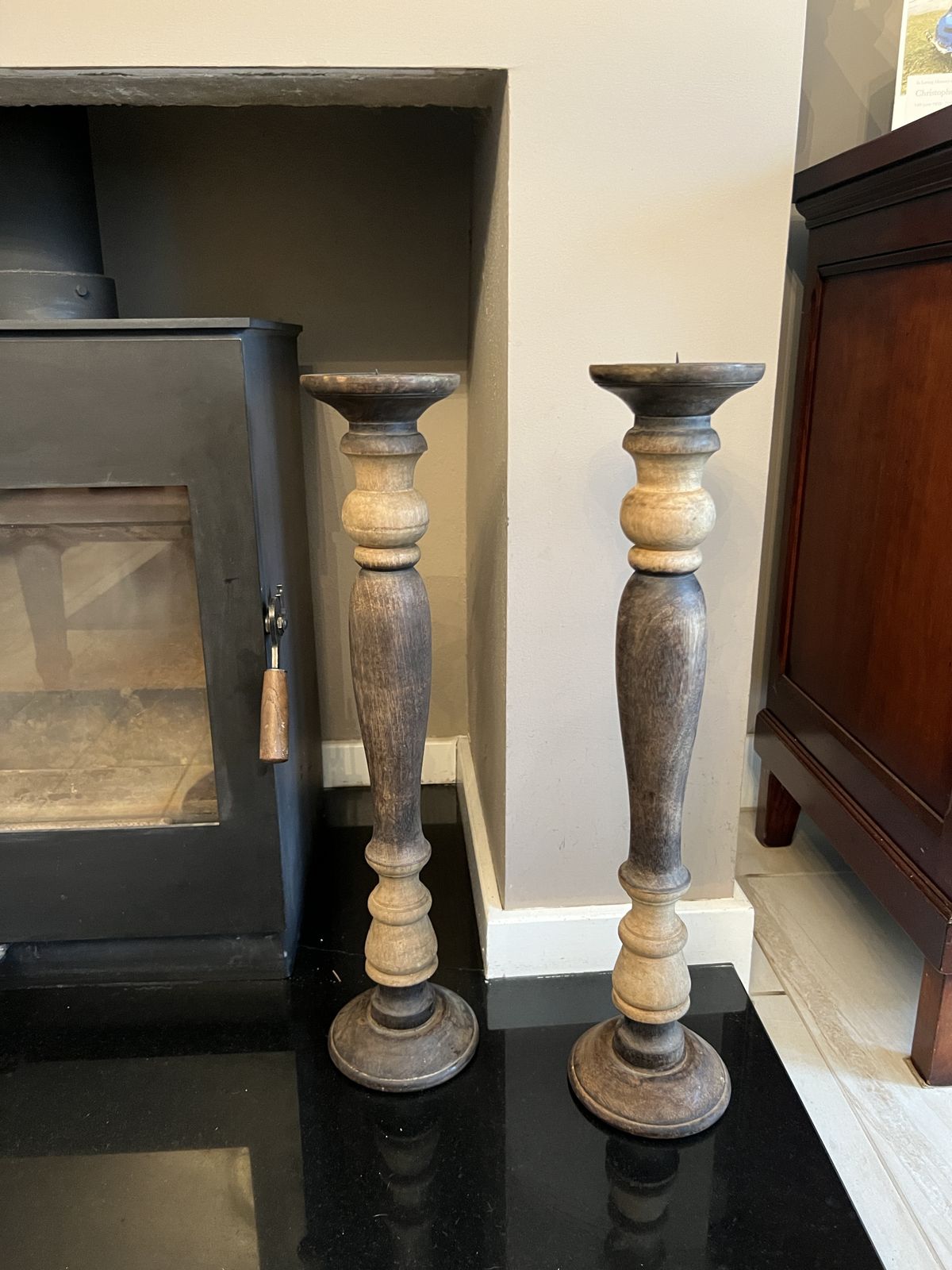 Pair Of Vintage European Wooden Pillar Candle Holders