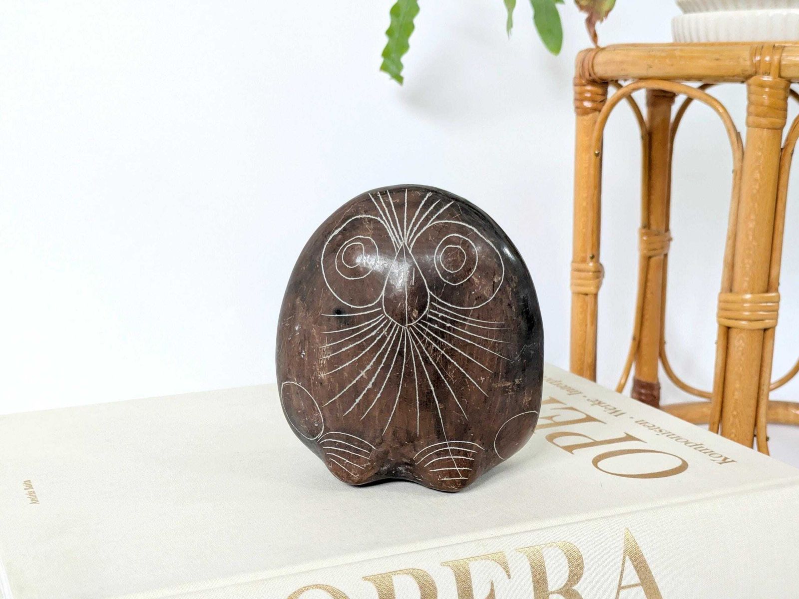 photo for sale Vintage Mexican Barro Negro Owl Figurine, Oaxaca Black Clay Pottery, Hand Carved Sgraffito Folk Art, 1970s