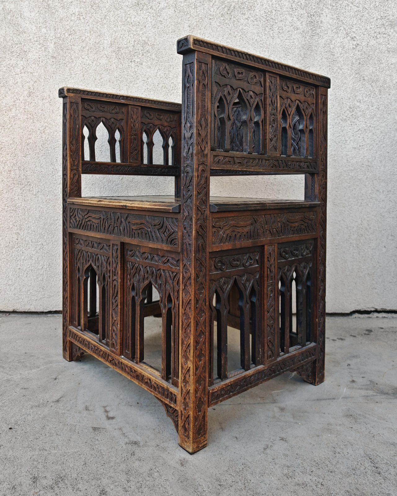 Antique Hand Carved Moorish Armchair In Solid Oak, Spain 19th Century photo buy