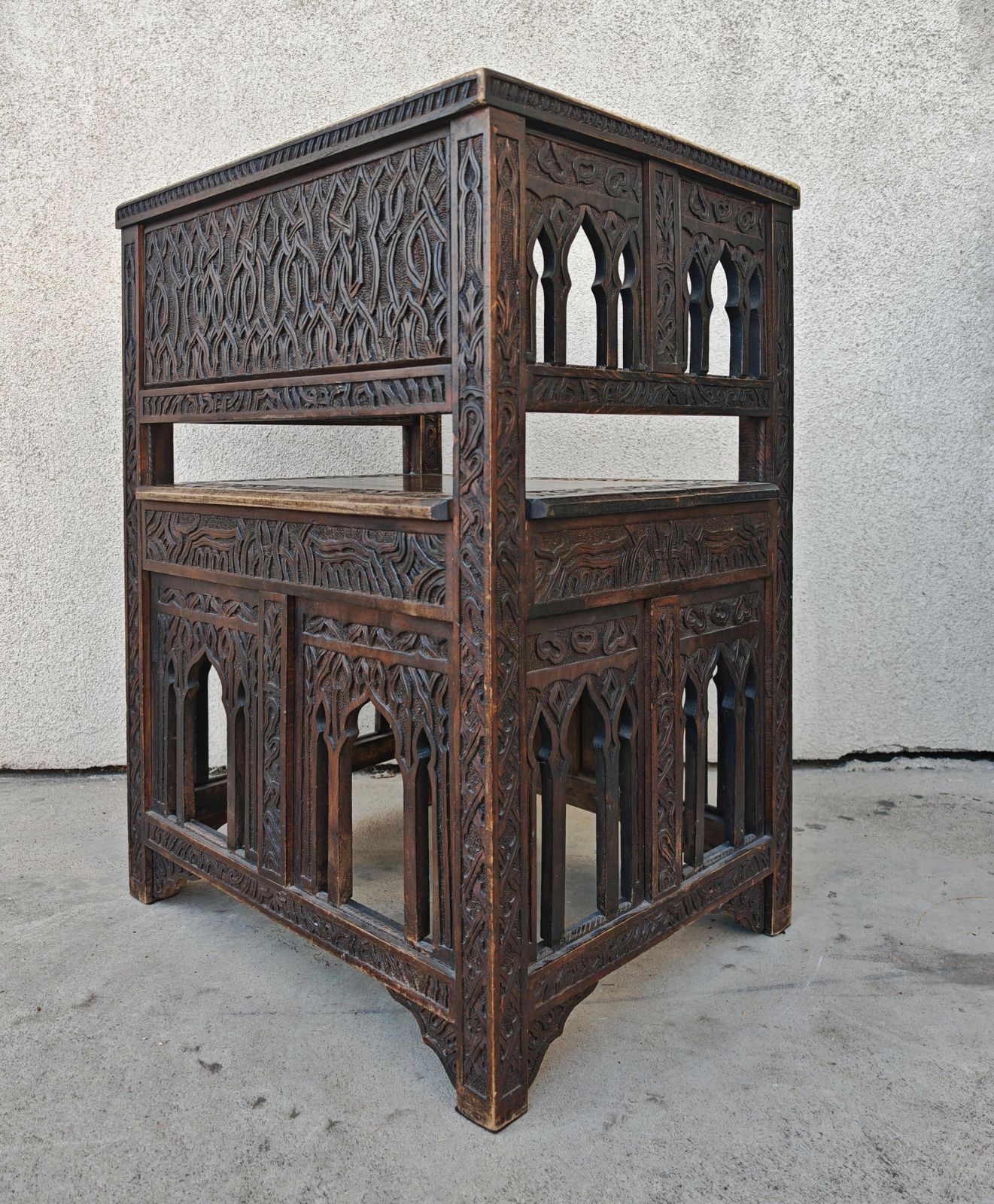 photo for sale Antique Hand Carved Moorish Armchair In Solid Oak, Spain 19th Century
