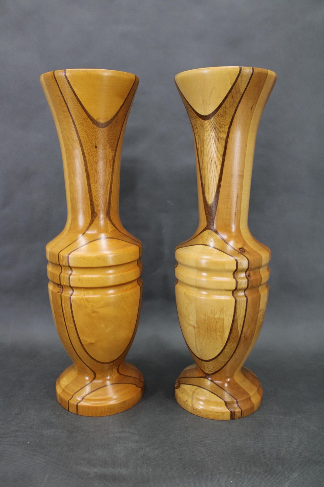Pair Of Large Czechoslovakian Wooden Vases, Mixed Woods, 1960s photo vinterior