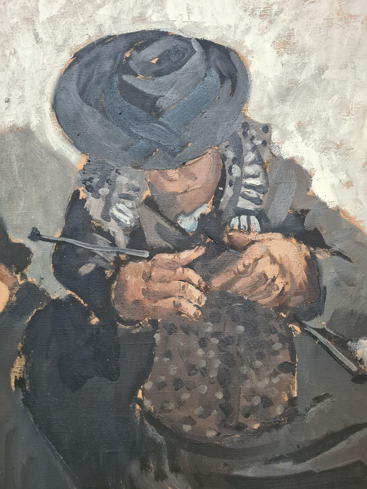 Jean Arène, Large Mid Century French Expressionist Double Portrait, The Knitter, Letricoteur From 1962 photo furniture