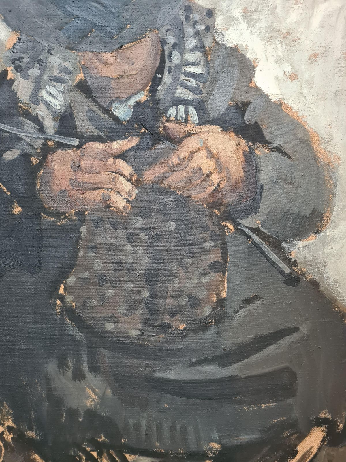 Jean Arène, Large Mid Century French Expressionist Double Portrait, The Knitter, Letricoteur From 1962 photo buy