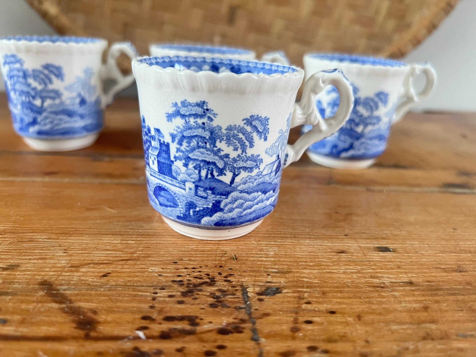 Antique Copeland Spode Tower England Espresso Size Cups Set Of Four | Small Blue And White Transferware Demitasse Mugs | Scalloped Edge photo furniture