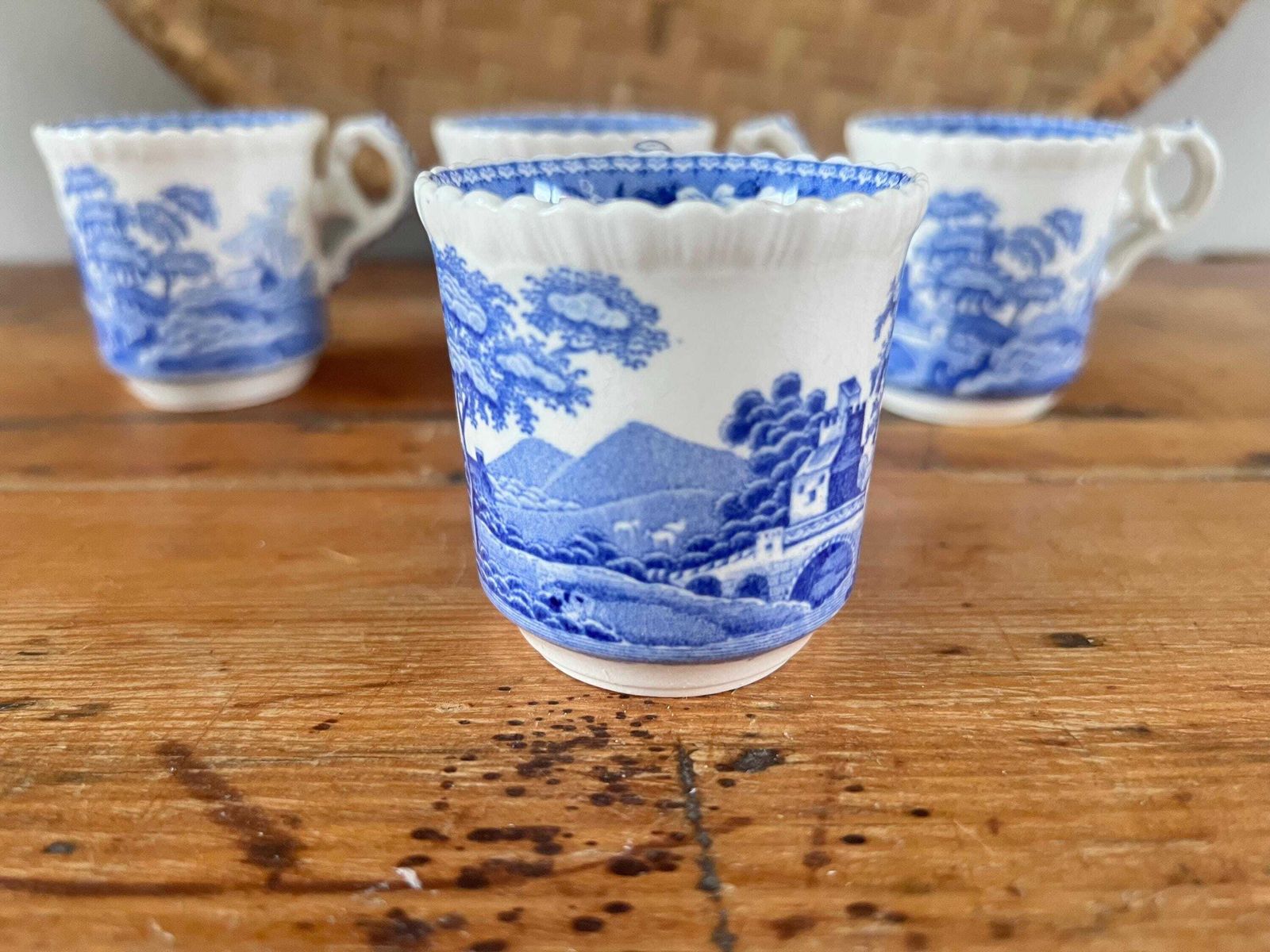 Antique Copeland Spode Tower England Espresso Size Cups Set Of Four | Small Blue And White Transferware Demitasse Mugs | Scalloped Edge photo for sale
