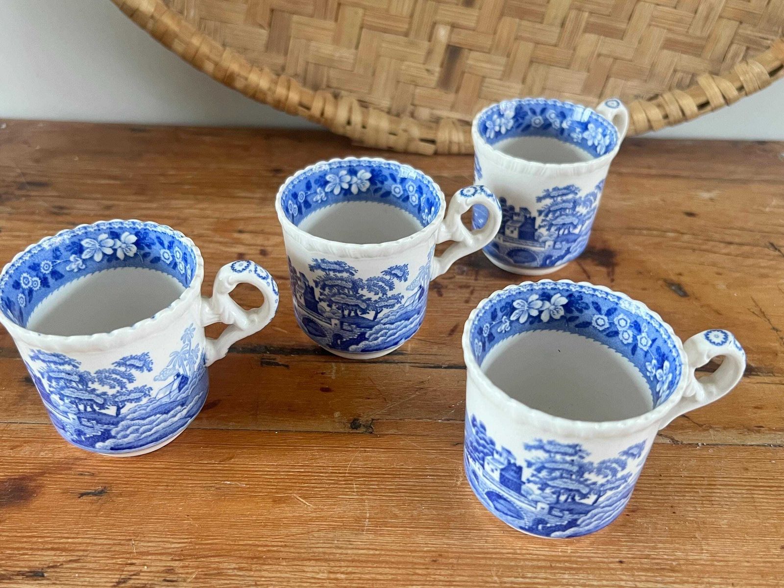 photo furniture Antique Copeland Spode Tower England Espresso Size Cups Set Of Four | Small Blue And White Transferware Demitasse Mugs | Scalloped Edge