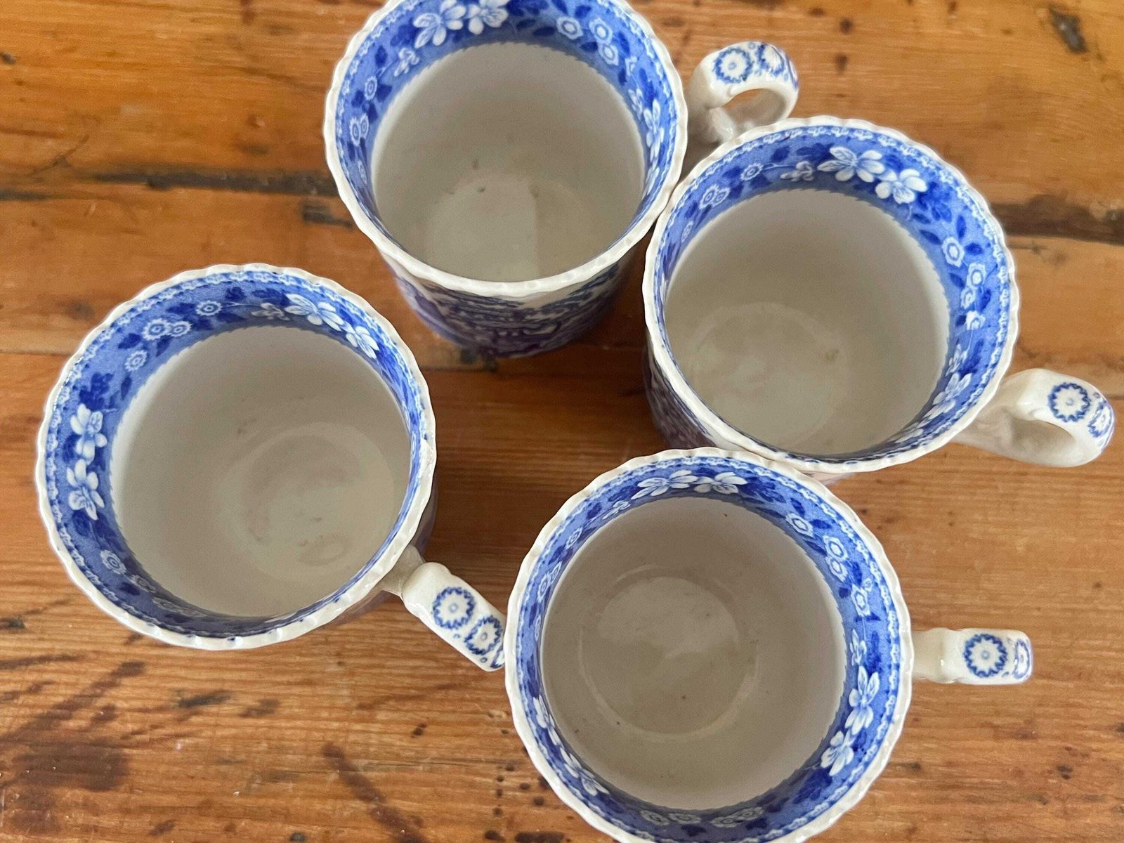 photo for sale Antique Copeland Spode Tower England Espresso Size Cups Set Of Four | Small Blue And White Transferware Demitasse Mugs | Scalloped Edge