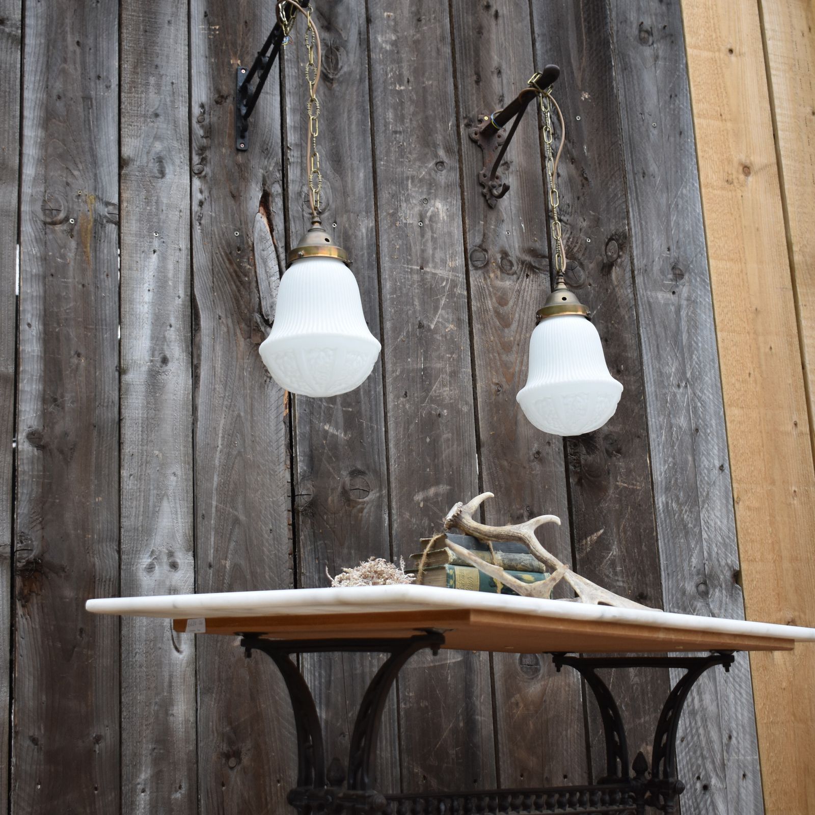 photo furniture Antique Early 20th Century Grape Embossed Opaline Glass Chapel Church Light Pair