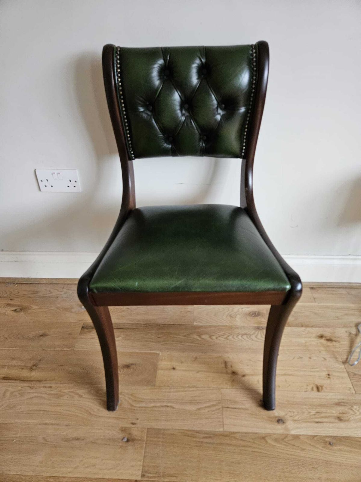 Vintage Dark Wood & Deep Green Leather Button Back Chesterfield Dining Chair