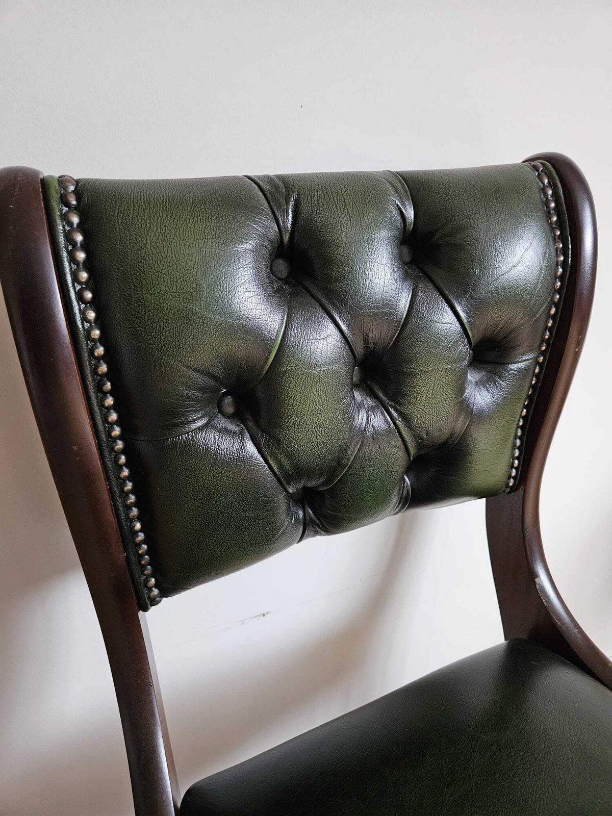 Vintage Dark Wood & Deep Green Leather Button Back Chesterfield Dining Chair photo 300.0