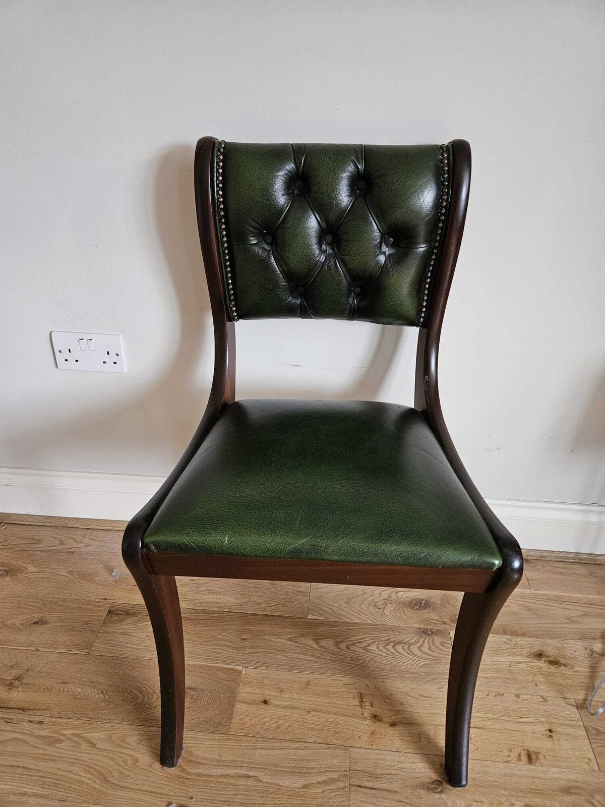 Vintage Dark Wood & Deep Green Leather Button Back Chesterfield Dining Chair photo buy
