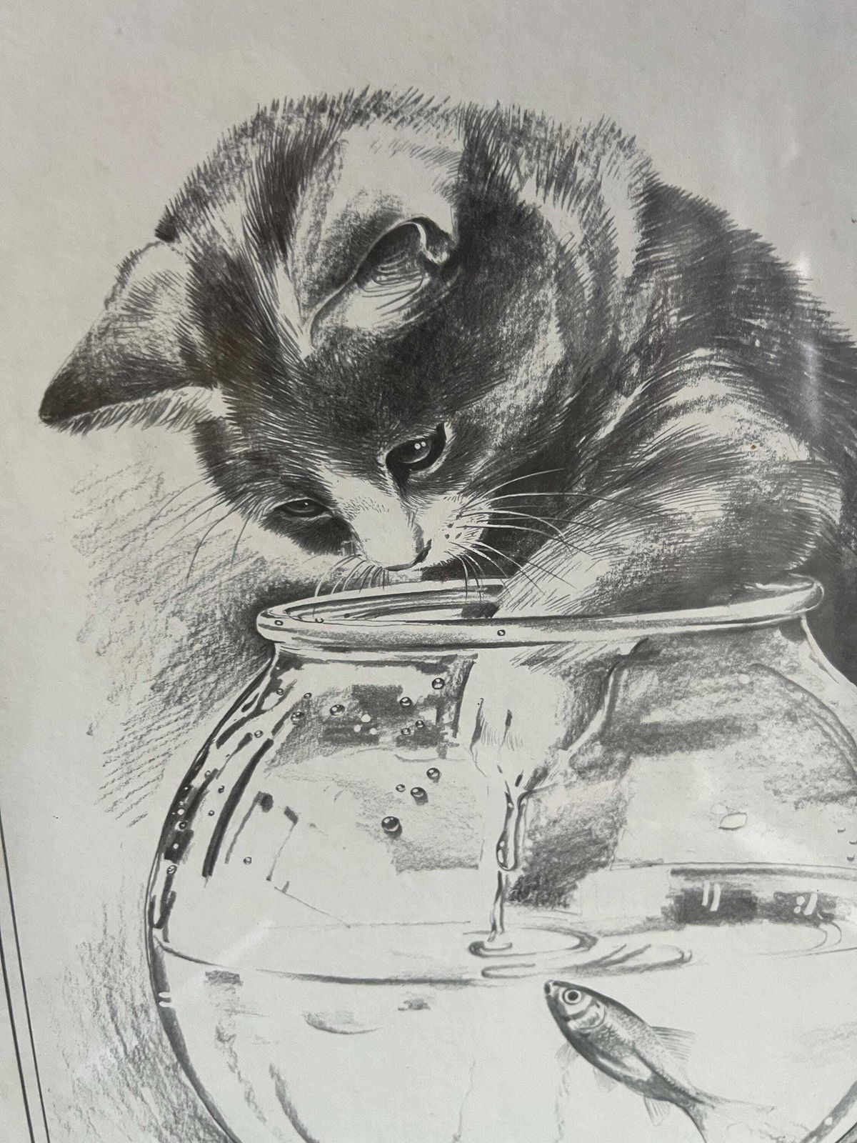 Framed Print "Kitten At The Goldfish Bowl" Signed Pollyanna Pickering. Gift For Cat Lover. Gallery Wall Decor. photo furniture