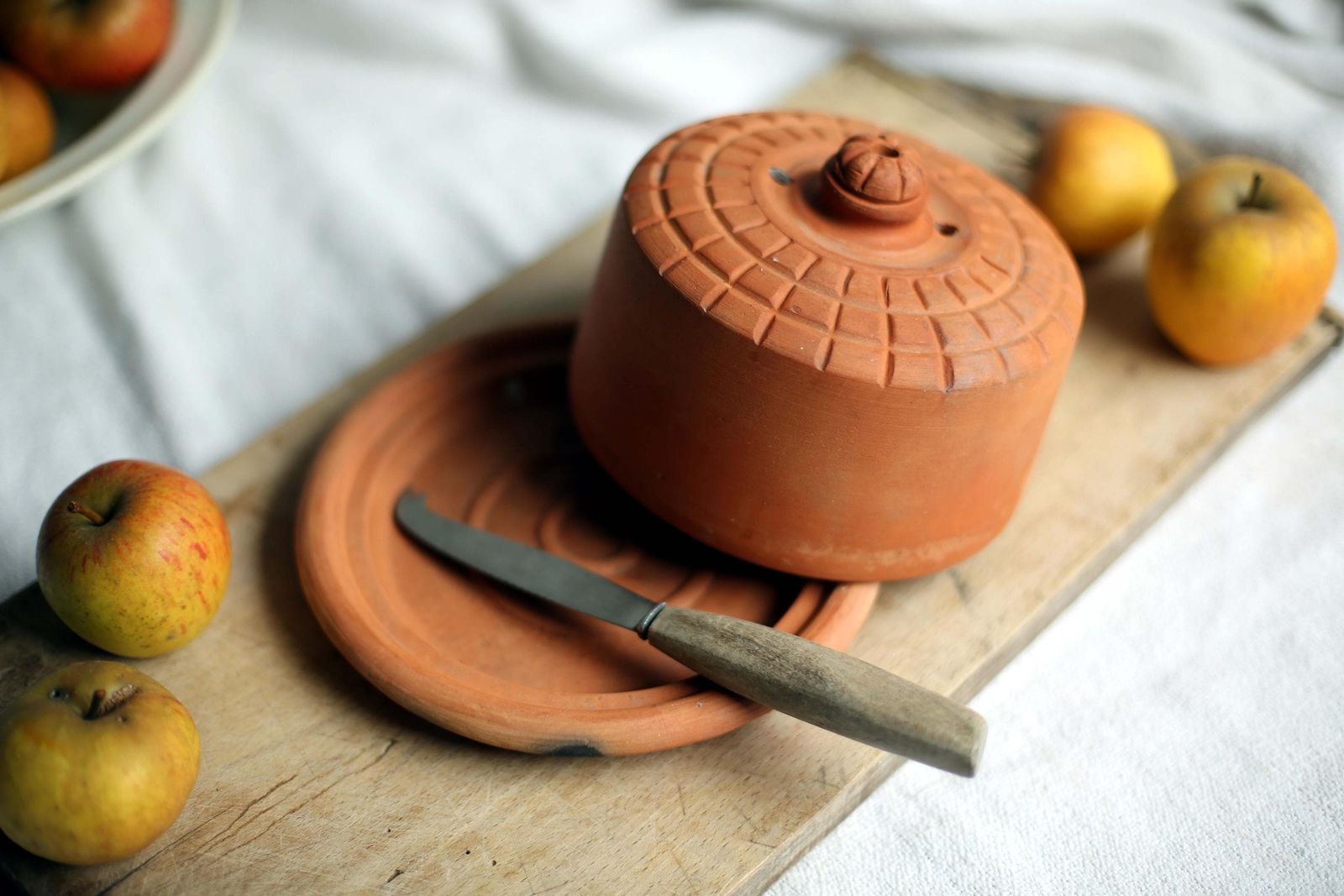 Vintage French Cheese Dome Terracotta Bell Plate Food Cover Table Cloche photo for sale