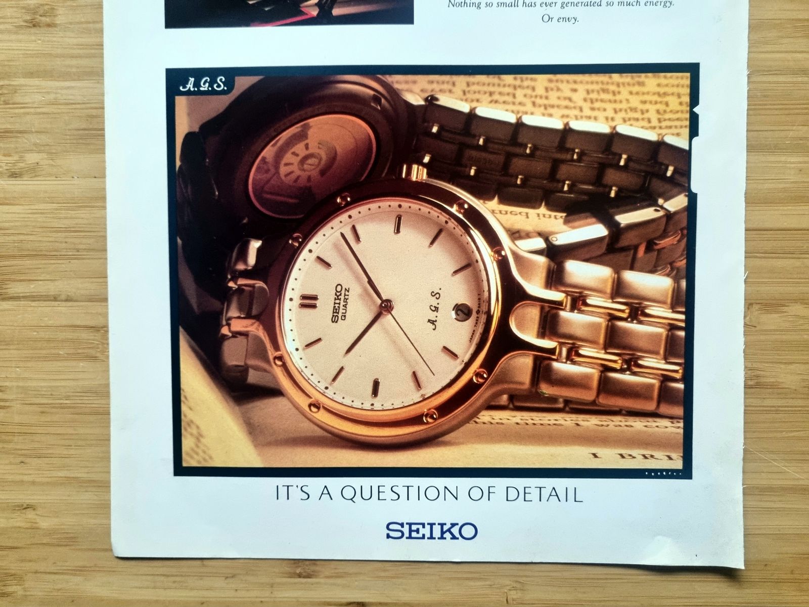 Seiko Ags 1980s Magazine Advertisement, Luxury Watch Ephemera, Quartz Kinetic Tech, Approx. 11 × 8 In, “The World’s Smallest Power Station?” photo for sale