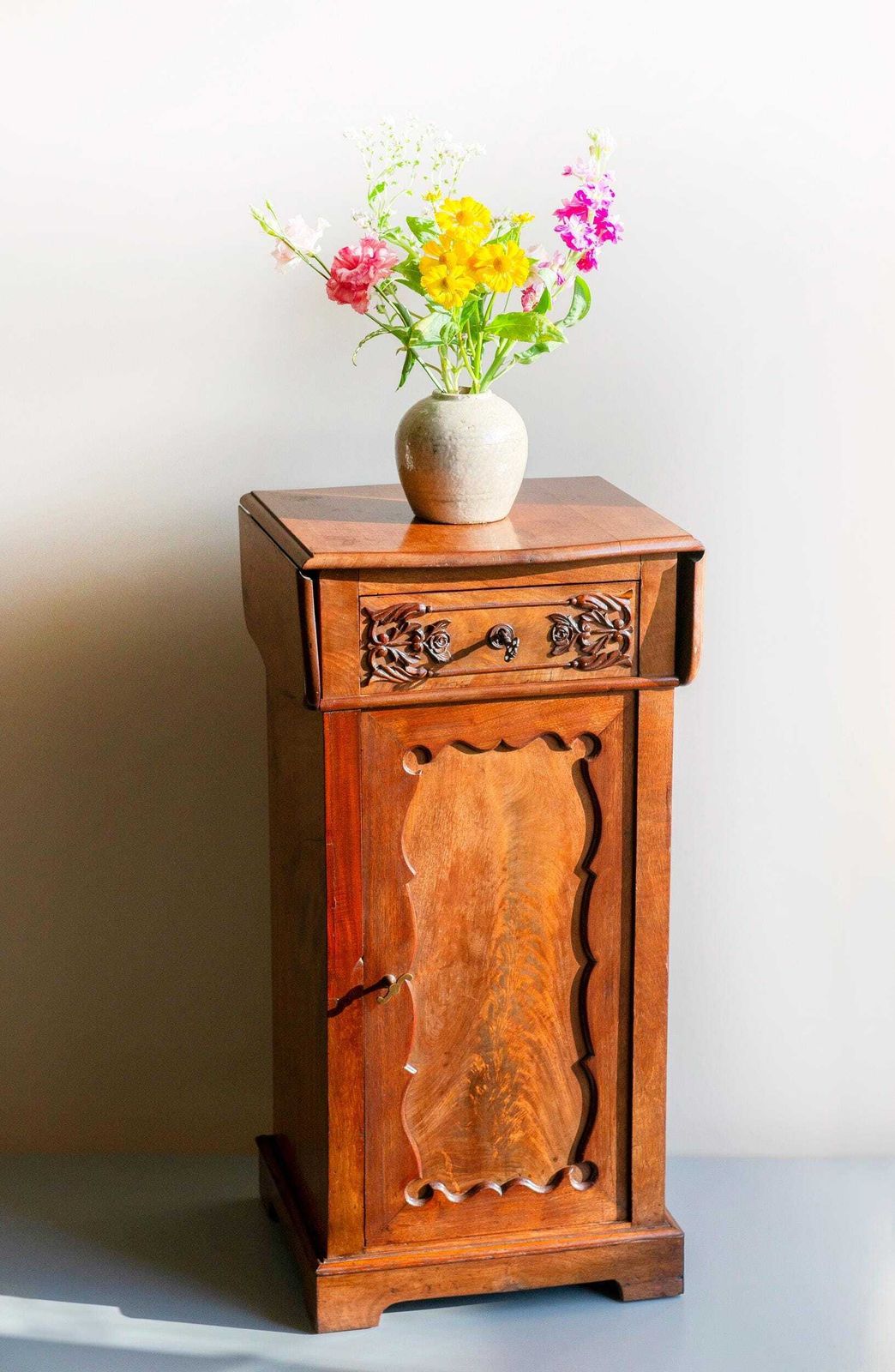 Antique Walnut Cabinet With Fold Out Top, 19th Century Carved Side Chest With Drawer, Classic Victorian Bedside Table photo for sale