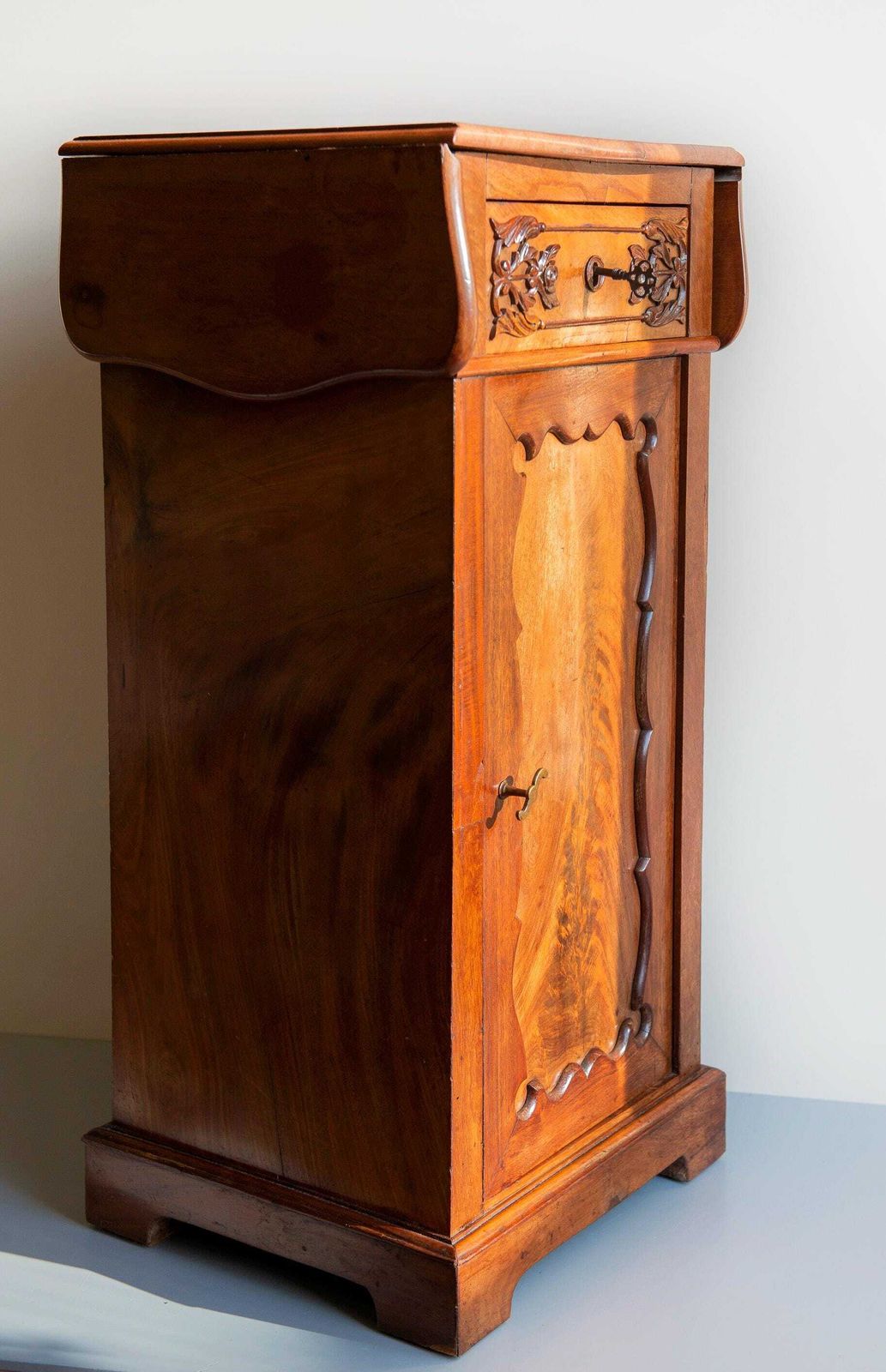 photo for sale Antique Walnut Cabinet With Fold Out Top, 19th Century Carved Side Chest With Drawer, Classic Victorian Bedside Table