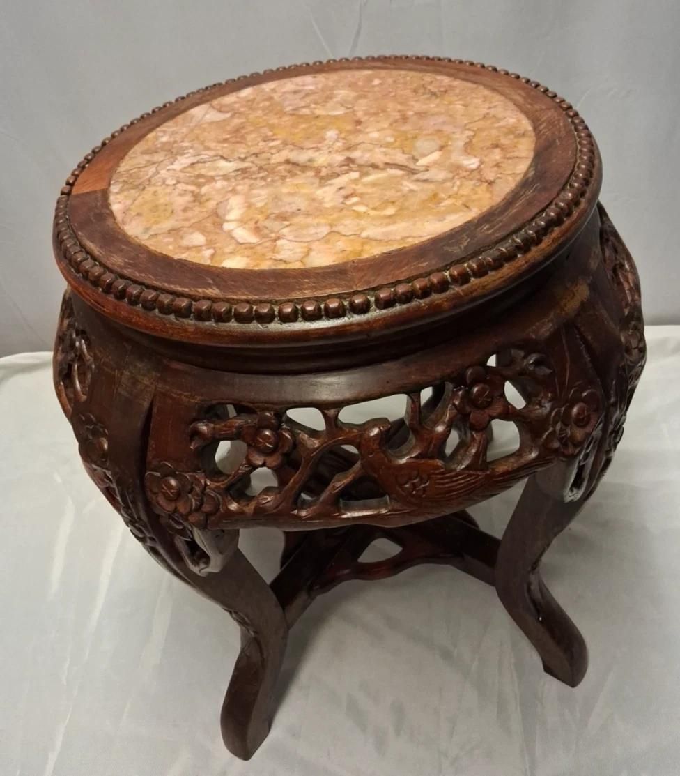 Antique Chinese Hardwood Jardiniere Lamp Table Marble Top With Bird Carvings