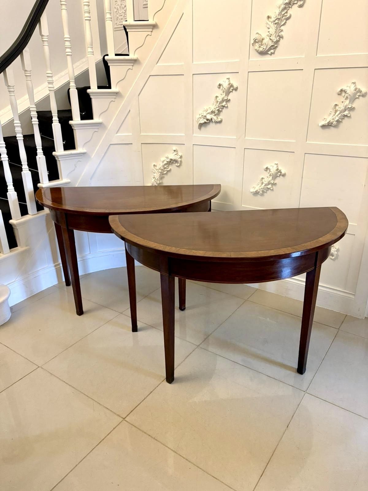Large Pair Of Antique Quality Figured Mahogany Demi Lune Side Tables