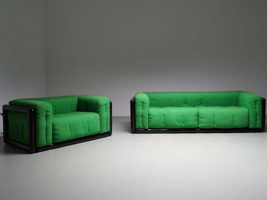 Set Of 2 Carlo Scarpa 'Cornaro' Sofas In Iroko Wood And Fabric, Italy, 1970's photo furniture