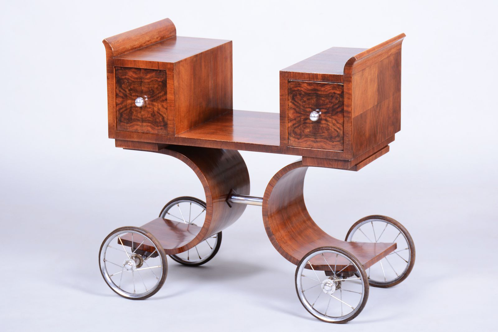 Restored Art Deco Serving Trolley, Walnut, Revived Polish, France, 1920s